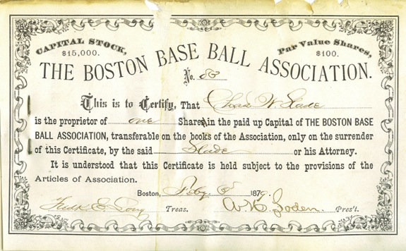 1879 Boston Baseball Association Stock Certificate with Stock Receipt (2)