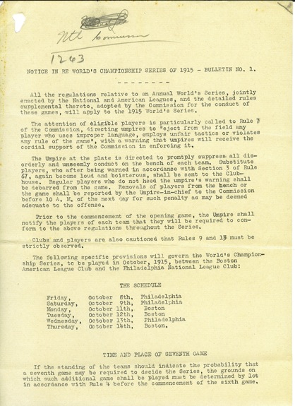 1915 World Series Bulletin #1 Notice Regarding Boston vs. Philadelphia (Ruths 1st W.S. Apperance)