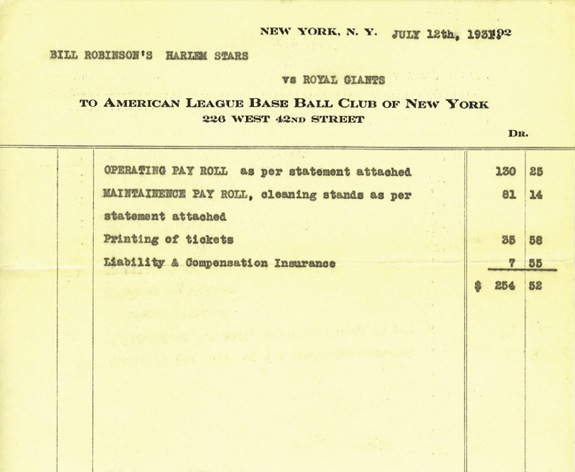July 12, 1931 Bill Robinson’s Harlem Stars Negro League Game Invoice on Yankee Letter Head