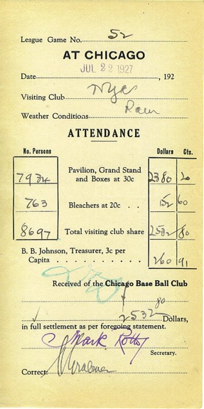 July 1927 NY Yankees vs. Chicago Away Games Receipts (4) 