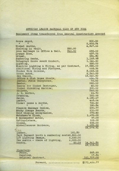Seat & Scoreboard Expense Documents from Yankee Stadium 