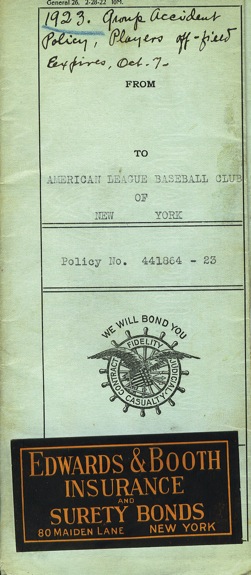 1923 NY Yankees Players Group Accident Policy Including Ruth & Gehrig 
