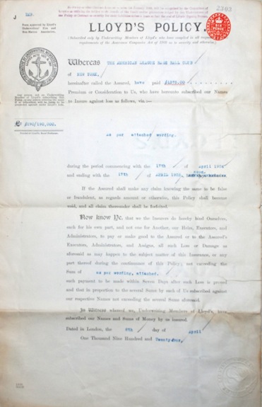 April 8, 1924 Lloyds of London Insurance Policy for Yankee Stadium 