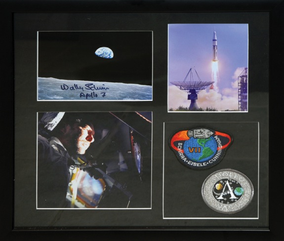 Framed Wally Schirra Apollo 7 Signed Space Photo with Two Patches Display, John Glenn Autographed Photo, & Apollo 14 Autographed Photo (3) (JSA) 