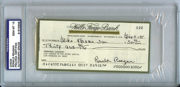 May 4th 1955 Ronald Reagan Signed Check (PSA Gem MINT 10) (JSA)