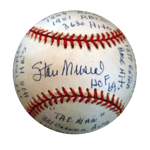 Stan Musial Autographed Limited Edition Career Stat Baseball (JSA) (Reggie Jackson Sticker) (JSA)