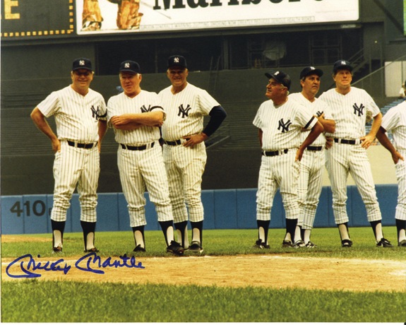 Mickey Mantle Signed Photograph with Former Players at Old Timers’ Day (JSA)