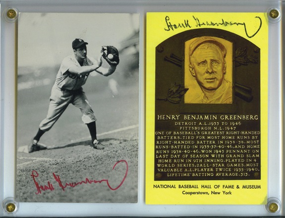 Hank Greenberg Autographed HOF Gold Plaque and Autographed Postcard (2) (JSA) 