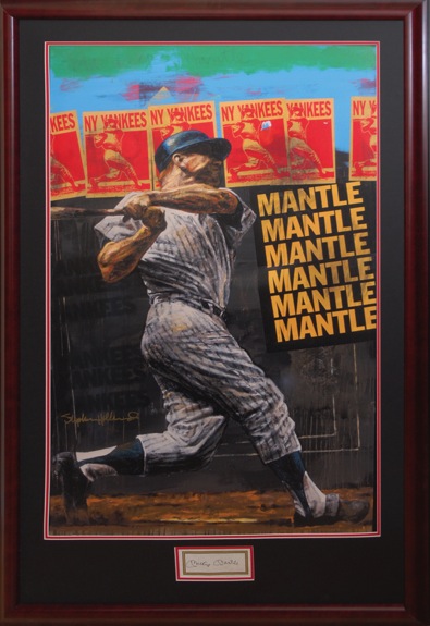 Framed Super Sized Mickey Mantle Hand Enhanced Stephen Holland Giclée with Autographed Cut (JSA) 