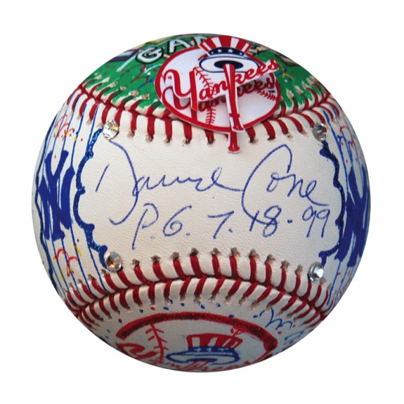 Charles Fazzino Hand Painted NY Yankees Perfect Game Ball Signed by Cone, Larsen, & Wells (JSA) 