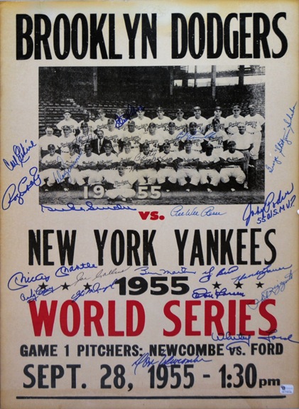 1955 World Series Poster Signed by Many Including Mantle, Martin, & Newcombe (JSA)