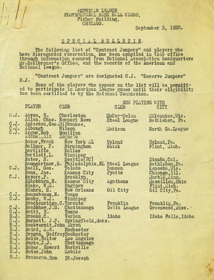 September 3, 1920 American League Contract Jumpers Document 
