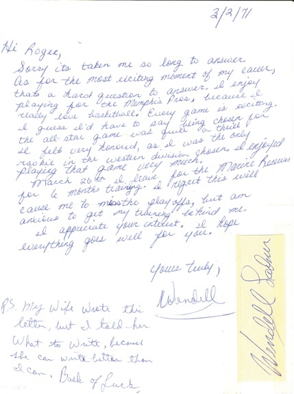 March 2, 1971 Wendell Ladner Signed Handwritten Letter (Rare) (JSA) 