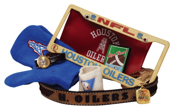 Houston Oilers Novelty Lot Including Belt Buckles, License Plate Holders, Etc. 
