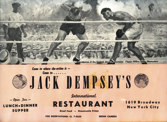 Jack Dempsey Autographed Menu (JSA) 