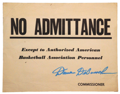ABA Commissioner Dave DeBusschere Autographed Locker Room Sign with NY Nets Press Passes (3) (JSA)