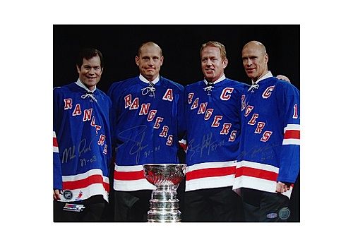 Mark Messier / Brian Leetch / Adam Graves / Mike Richter Multi Signed with Cup Horizontal 16x20 Photo w/ "Years Insc." (Steiner COA)