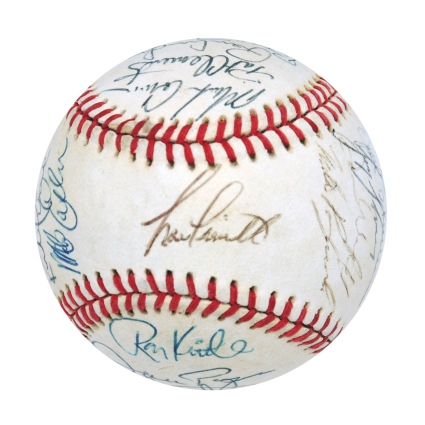 Lot of Team Autographed Baseball Rick Rhodens Career - 1975 Dodgers, 1987 Yankees & 1989 Astros (Rhoden Collection) (JSA)
