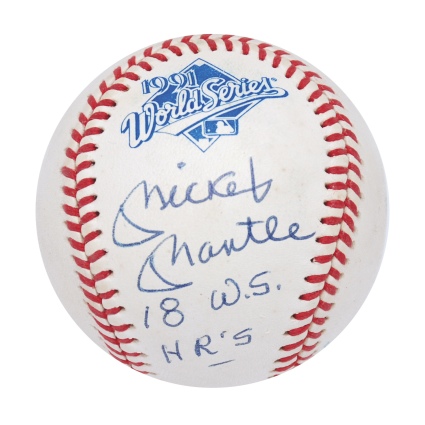 Mickey Mantle Single-Signed Baseball Inscribed "18 WS HRs" (JSA)