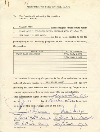 11/20/1962 Willie Mays Signed Contract with The Canadian Broadcasting Corp. (JSA)