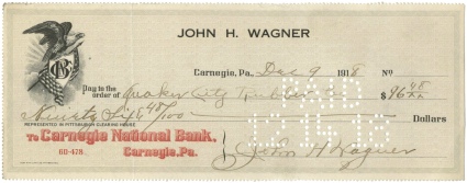 12/9/1918 John H. (Honus) Wagner Signed Personal Check (JSA)