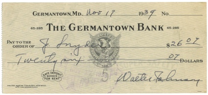 11/17/1939 Walter Johnson Signed Check (JSA)
