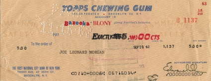 Joe Morgan Topps Chewing Gum Contracts & Check (12) (JSA)