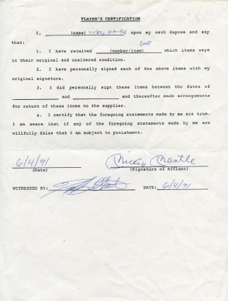 6/4/1991 Mickey Mantle Signed Score Board Contract (JSA)