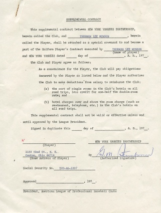 1975 Thurman Munson NY Yankees Contract Signed by George Steinbrenner (Diane Munson LOA) (JSA)