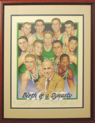 Framed "Birth of a Dynasty" Boston Celtics L.E. 1956-57 World Championship Team Autographed Rendering (JSA)