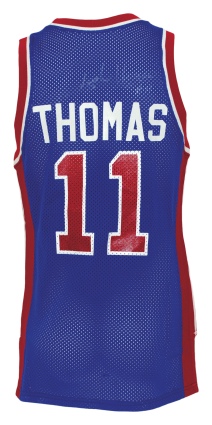 1989-90 Isiah Thomas Detroit Pistons Game-Used & Autographed Road Jersey (Team Documentation) (JSA) (Championship Season) 
