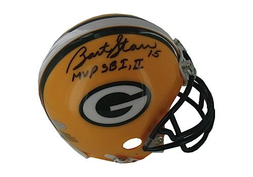 Bart Starr Autographed MVP SB I + II Green Bay Packers Replica Mini Helmet