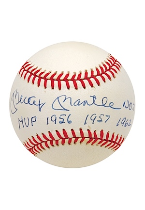 Mickey Mantle Single-Signed Baseball Inscribed "NO.7 MVP 1956 1957 1962" (JSA)