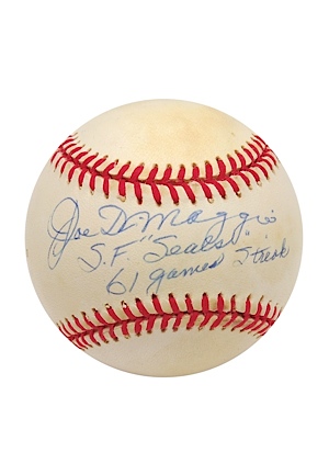 Joe DiMaggio Single-Signed Baseball Inscribed "SF Seals 61 Games Streak" (JSA) (Rare Inscription)