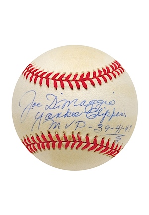 Joe DiMaggio Single-Signed Baseball Inscribed "Yankee Clipper  MVP 39-41-47" (JSA)