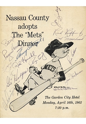 1962 NY Mets Team Autographed Dinner Program with Stengel, Hodges, Hornsby & Others (JSA) (Inaugural Season)