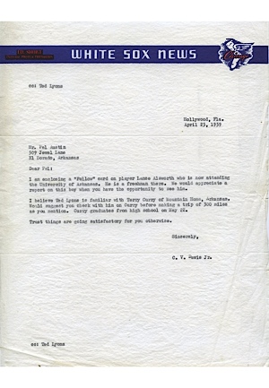 4/25/1959 Ted Lyons Chicago White Sox Letter Scouting NFL HOFer Lance Alworth