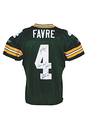 9/23/2007 Brett Favre Green Bay Packers Game-Used & Autographed Home Jersey Worn to Throw Career TDs 418 & 419 (Favre LOA) (JSA) (Photo & Video Match)