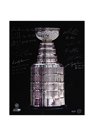 Stanley Cup Trophy Vertical 16x20 Photo Signed By Keenan, Chelios, Coffey, Hull, Bowman, Lemieux, Graves, Leetch, Richter & Messier / w Cup Years Insc. (Steiner COA)