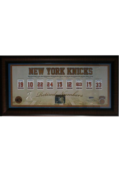 New York Knicks Retired Numbers Framed Panoramic 14"x32" Collage w/ Game Used MSG Court & Net (MSG-Steiner COA)