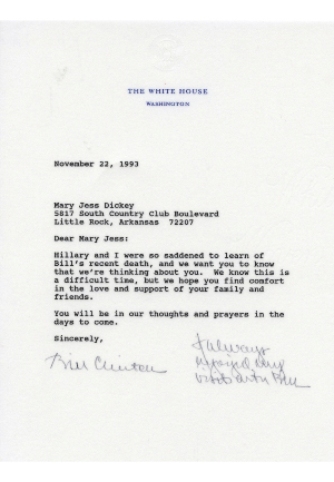 President Bill Clinton Signed TLS on White House Stationary to Bill Dickeys Widow (JSA)