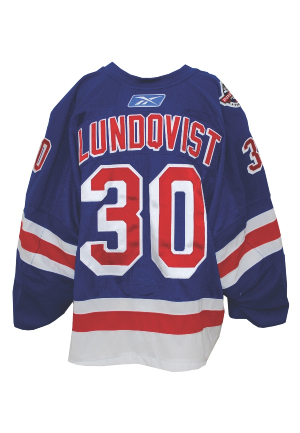 10/5/2008 Henrik Lundquist NY Rangers Prague Game-Used Home Blue Jersey (Meigray LOA)(Casey Samuelson LOA)