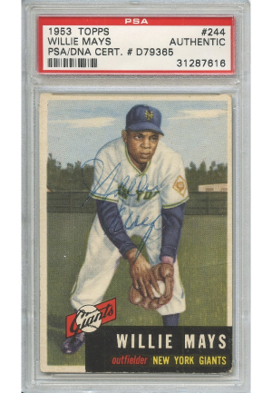 1953 Willie Mays Autographed Topps Baseball Card #244 (PSA/DNA Encapsulated)(JSA)