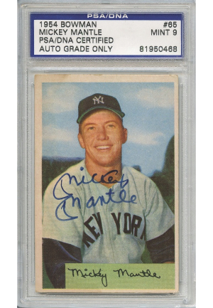 1954 Mickey Mantle Autographed Bowman Baseball Card #65 (PSA/DNA Encapsulated Graded Mint 9)(JSA)                                                                        