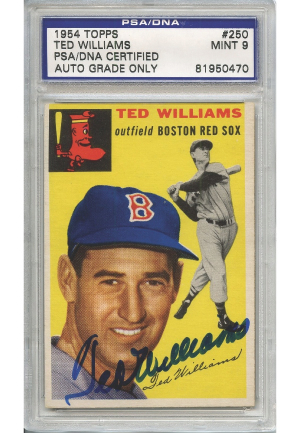 1954 Ted Williams Autographed Topps Baseball Card #250 (PSA/DNA Encapsulated Graded Mint 9)(JSA)