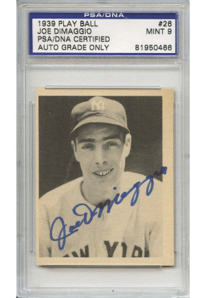 1939 Joe DiMaggio Autographed Play Ball Baseball Card #26 (PSA/DNA Encapsulated Graded Mint 9)(JSA)
