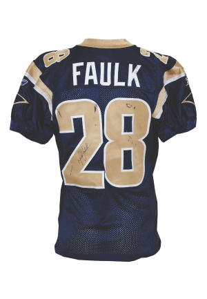 2004 Marshall Faulk St. Louis Rams Game-Used & Autographed Home Jersey with 2005 Game-Used & Autographed Cleats & Gloves (5)(JSA)(Prova & Wetrak Labels)