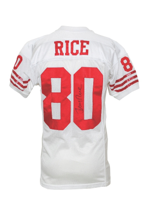Late 1980s Jerry Rice San Francisco 49ers Game-Used & Autographed Road Jersey (JSA)(Team Repairs)