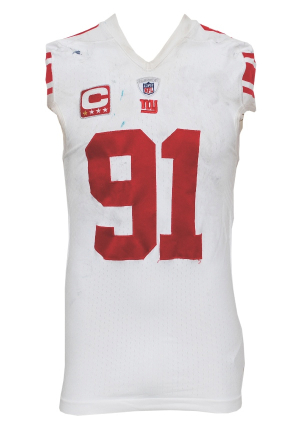 11/7/2010 Justin Tuck NY Giants Game-Used Road Jersey with Captain’s “C” (Steiner LOA)(Unwashed)