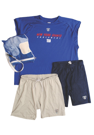 Lot of NY Giants Worn Undershirts, Shorts with Laundry Bag Attributed to Eli Manning